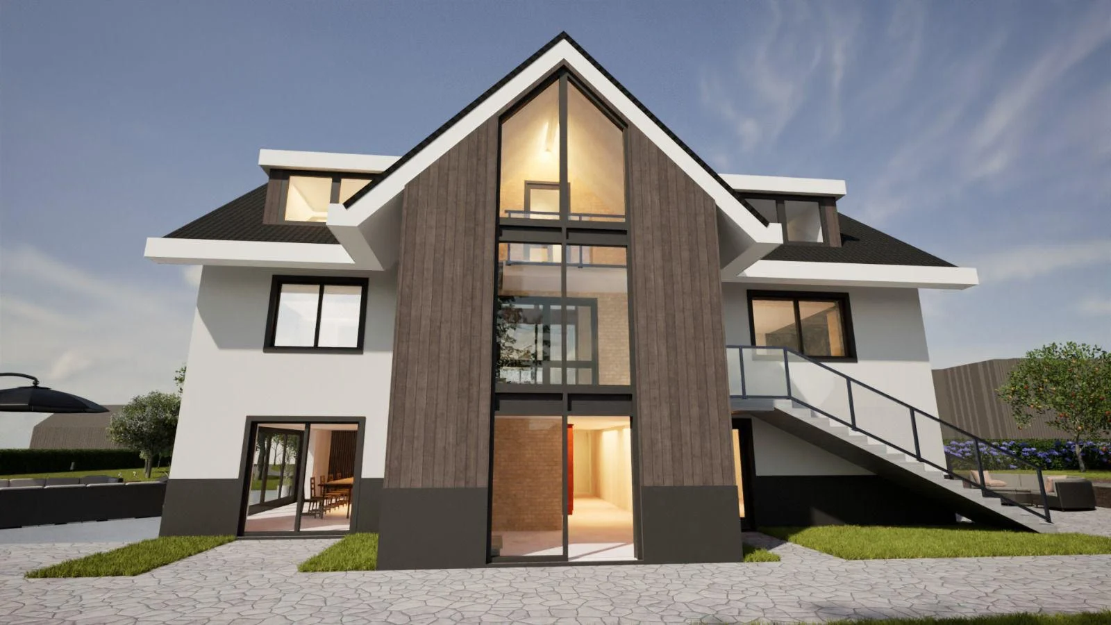 Render van Villa De Meern, een witte villa met donkere houten gevel